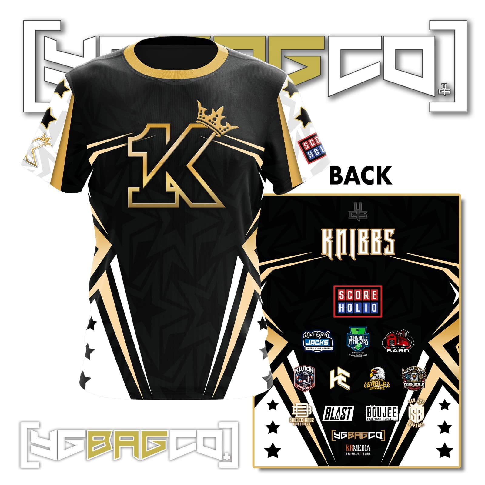 Black, white, and gold 1K YG Bag Co performance jersey shown front and back