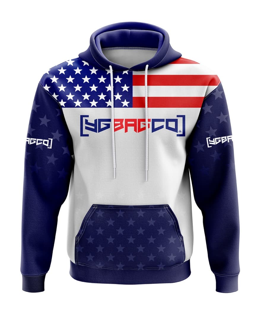Red, white, and blue YG Bag Co hoodie with American flag graphics
