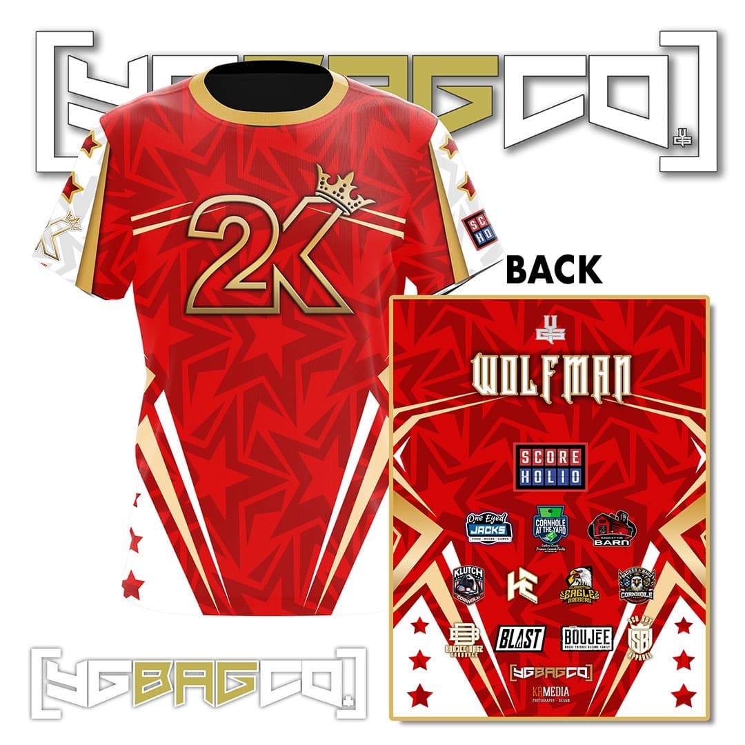 Red and gold 2K YG Bag Co performance jersey shown front and back