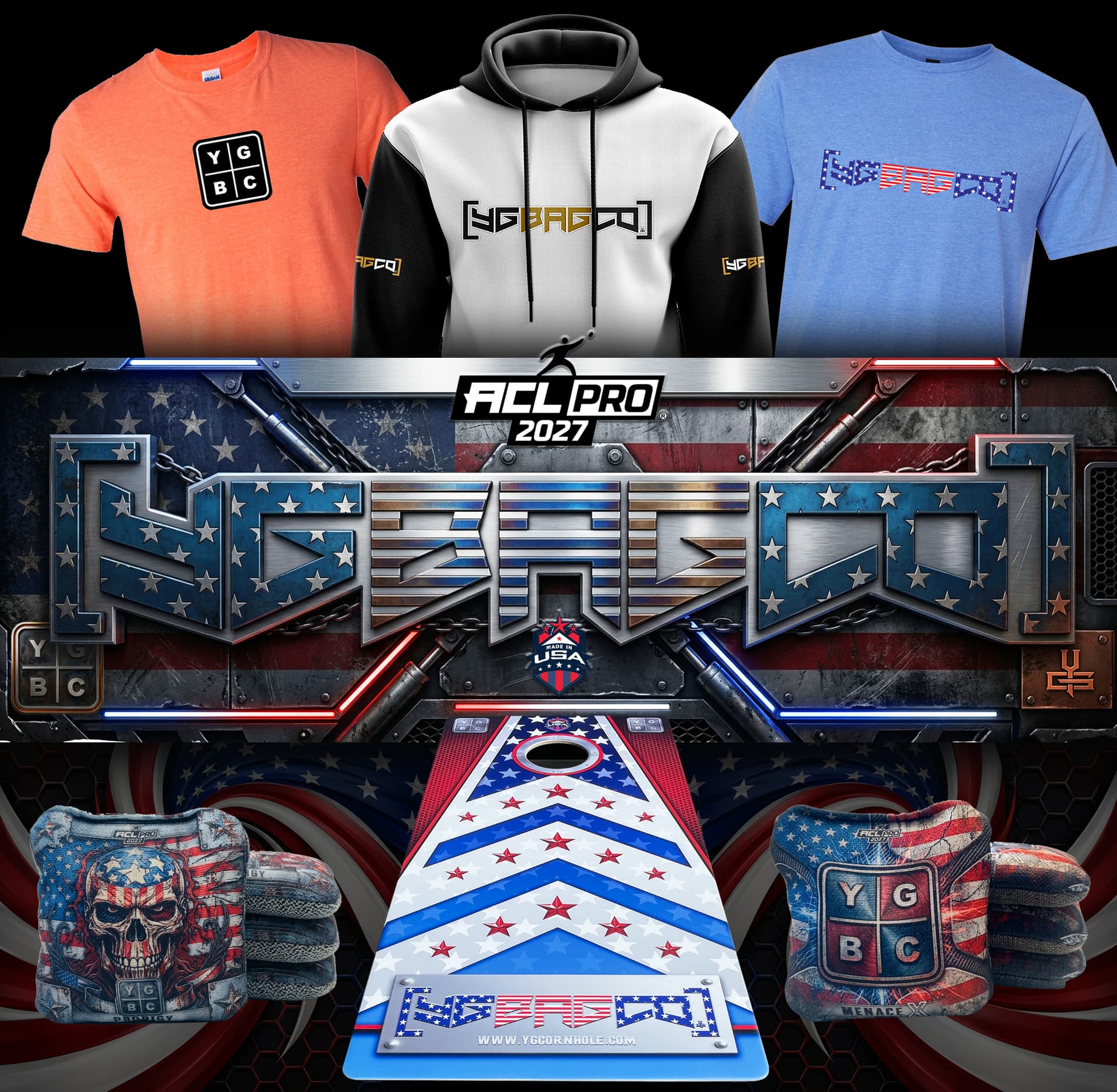 YG Cornhole professional apparel, ACL bags, and custom board lineup