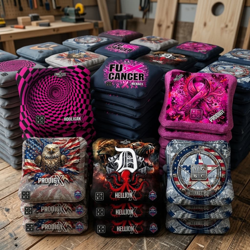 YG Cornhole bag families arranged across a workshop table